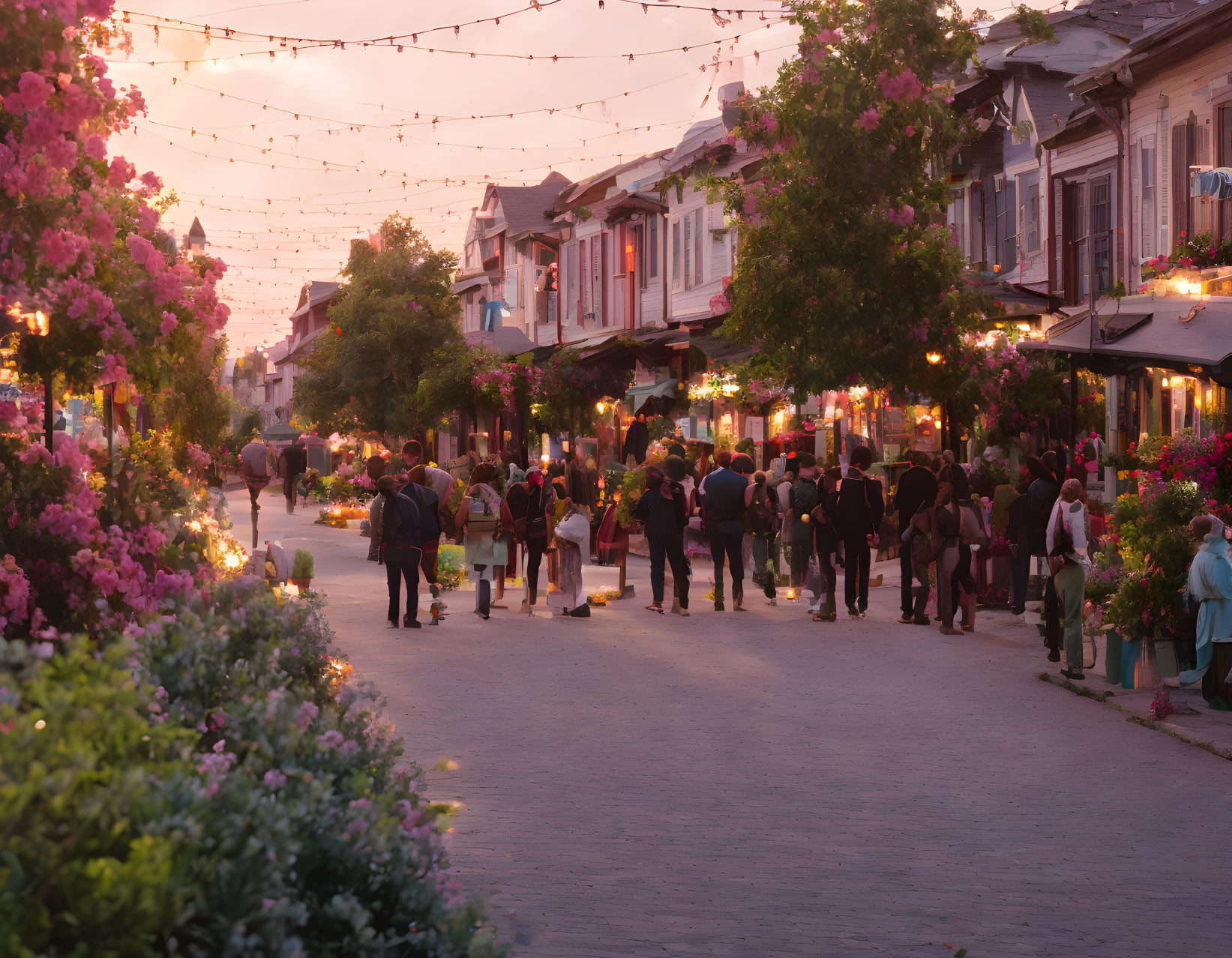 Pedestrians strolling on flower-lined street at twilight.