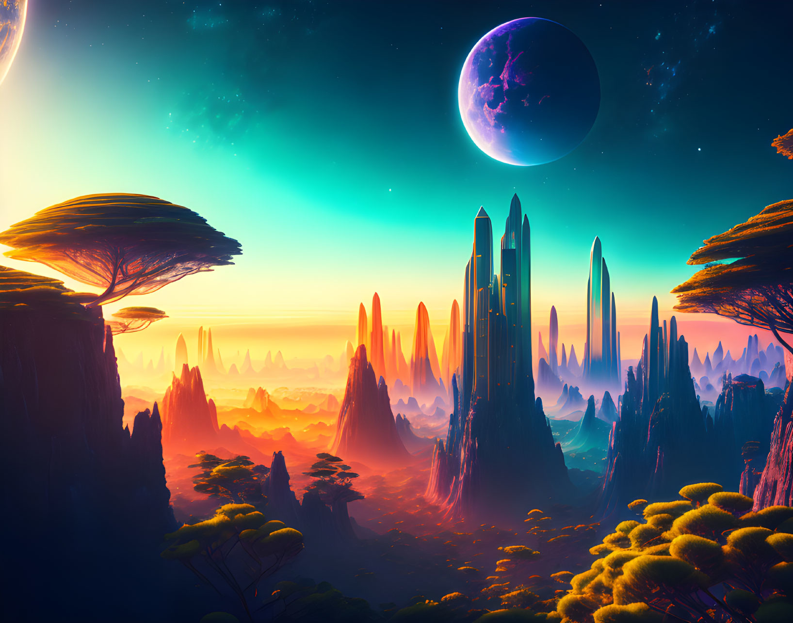 Alien landscape with towering spires and tree-like structures at dusk