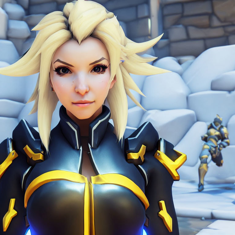 Blonde-Haired Female Character in Futuristic Armor with Snowy Background