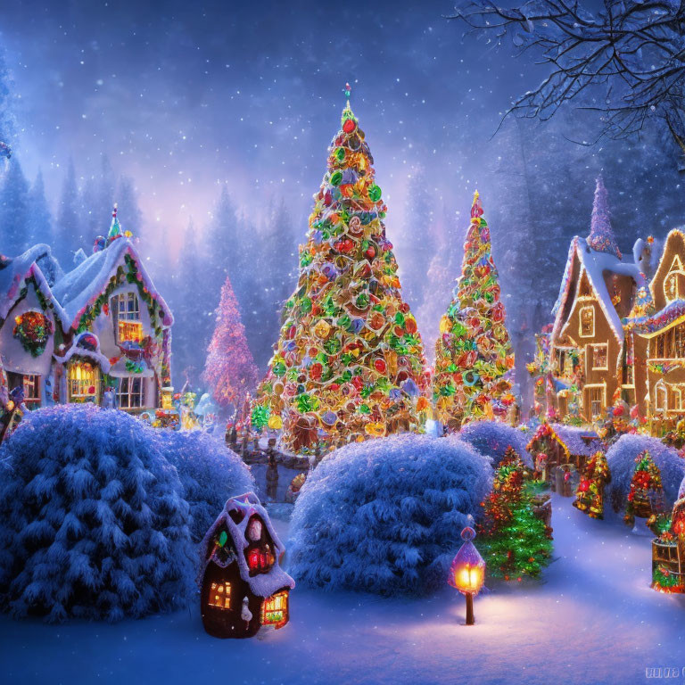 Winter Wonderland: Christmas trees, snow-covered cottages, warm lights at twilight