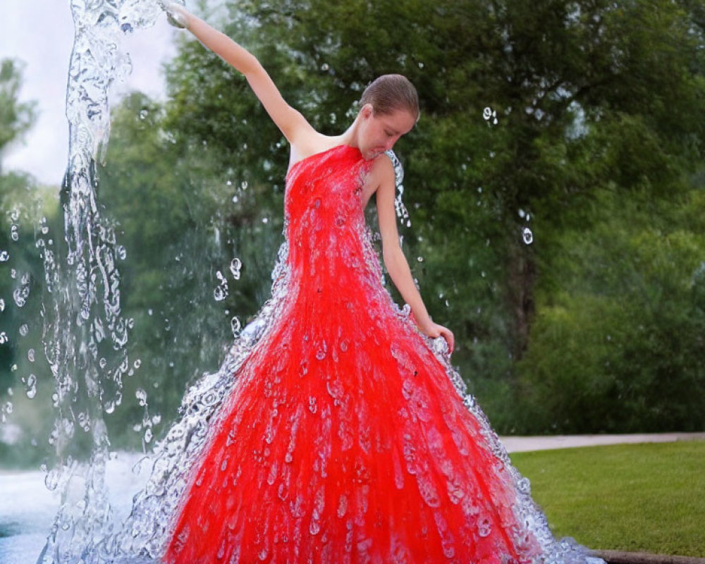 Woman in Vibrant Red Dress with Dramatic Water Splash Effect