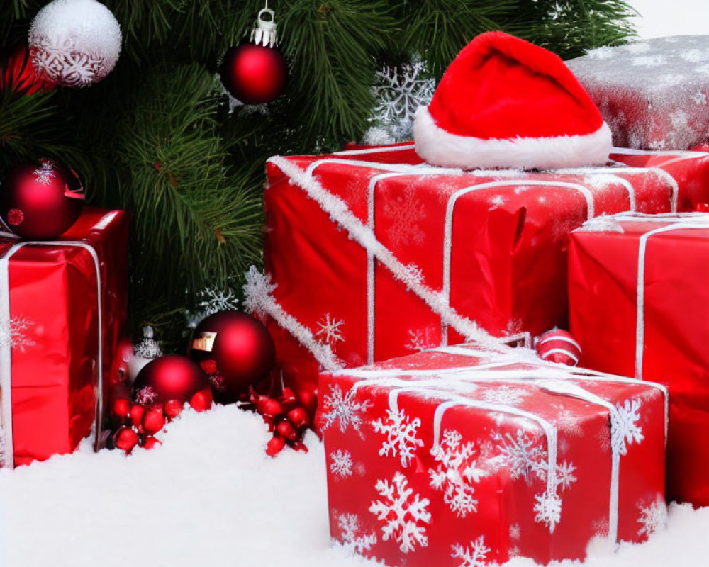 Festive red Christmas gifts with silver ribbons under a decorated tree in snowy setting