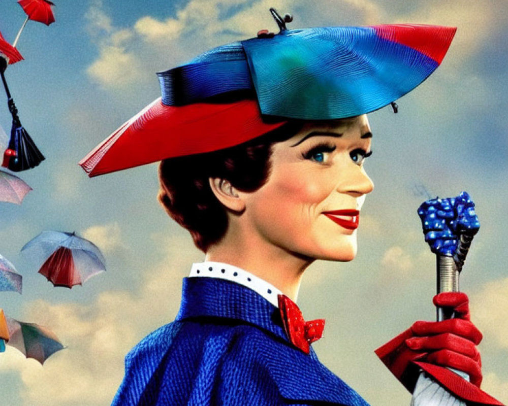 Colorful hat-wearing woman with umbrella and whimsical kites in the sky