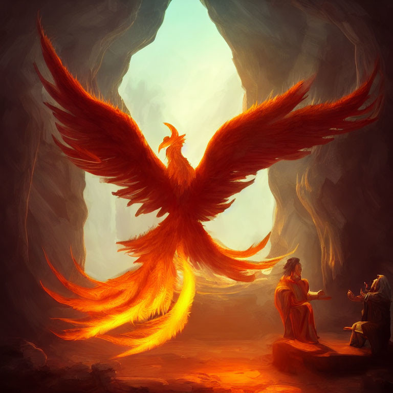 Majestic phoenix with fiery wings in cavern with robed figures