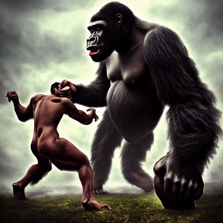 Muscular man facing giant gorilla in misty landscape