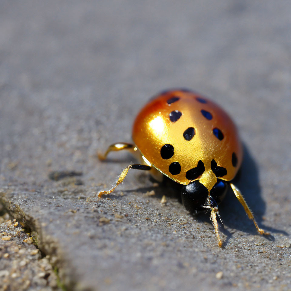 Golden ladybug with black spots on concrete surface in sunlight