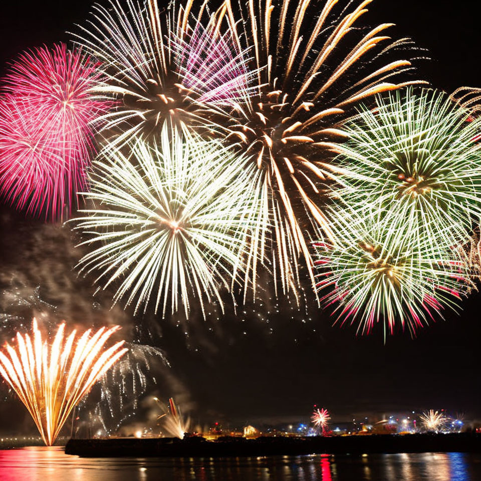 Colorful fireworks illuminate night skyline with bursts above cityscape