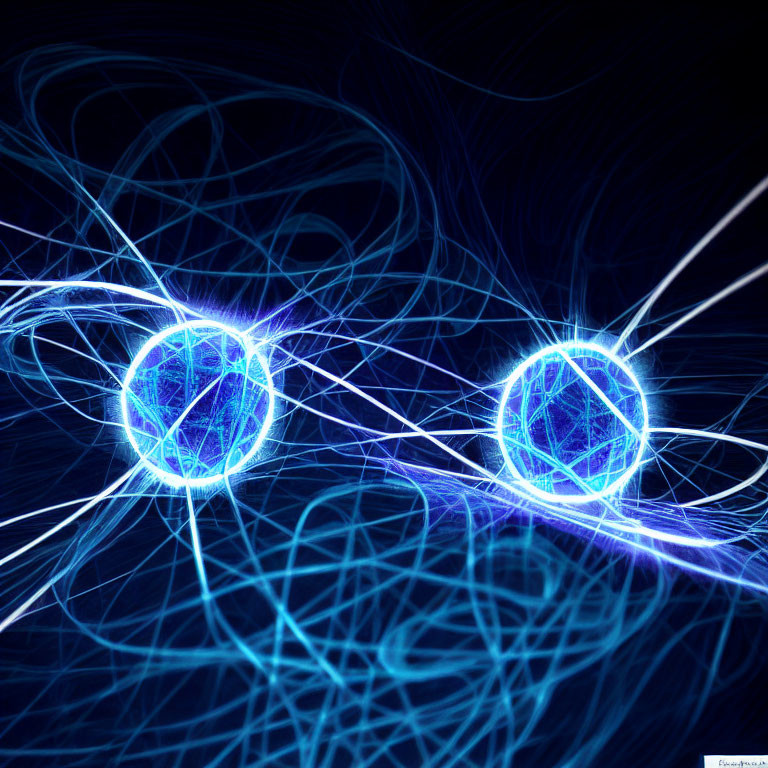 Glowing blue orbs with interweaving light trails on dark background