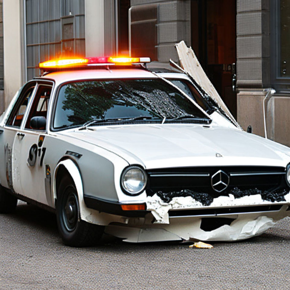 Vintage Police Car with Damaged Front End and Flashing Lights Parked on City Street