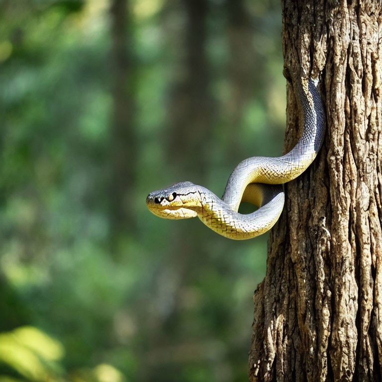 Forest snake slithers around sunlit tree trunk