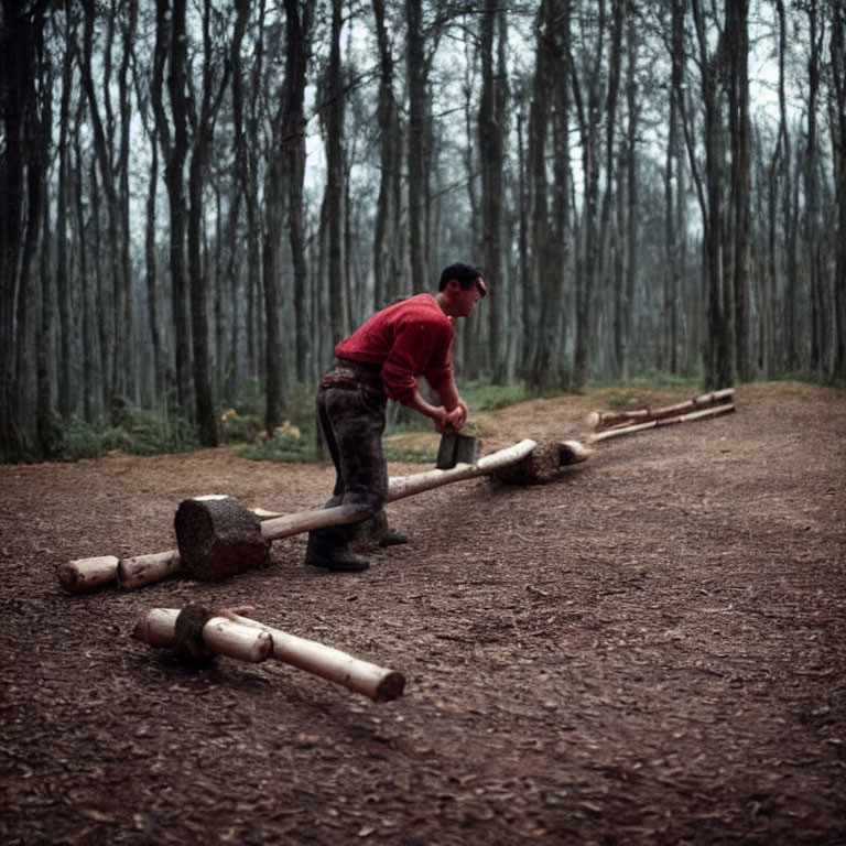 Man in red shirt splitting log with axe in forest clearing