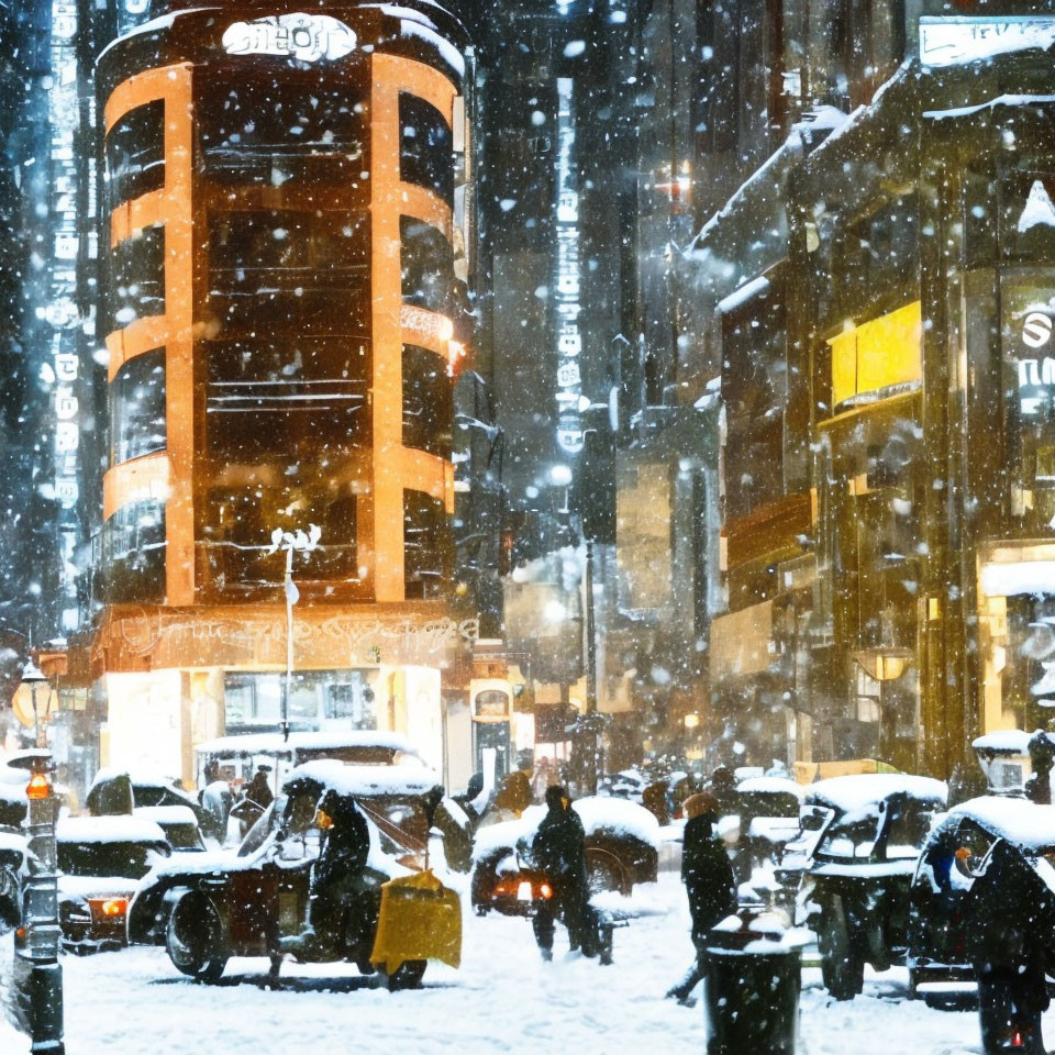 Snowy Night Cityscape: Falling Snow, Pedestrians, Cars, and Lit Buildings