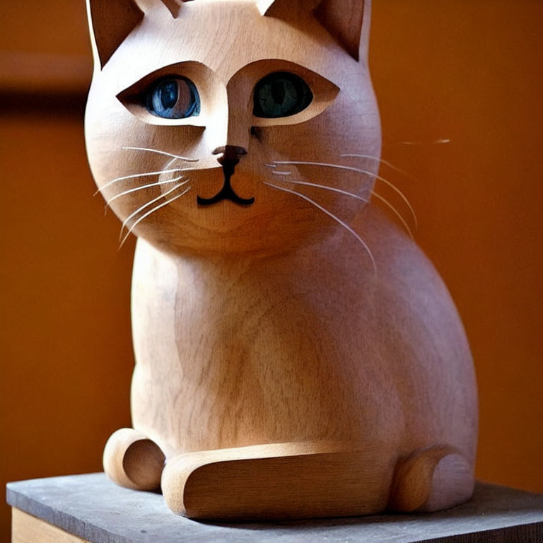 Detailed Wooden Cat Sculpture with Lifelike Eyes and Whiskers on Wooden Surface