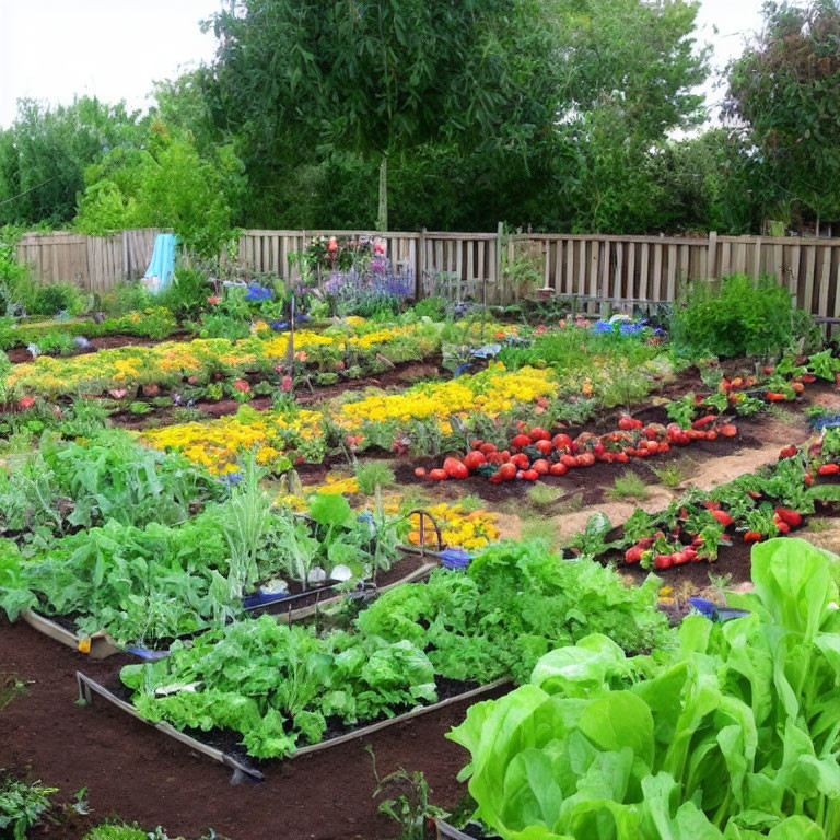 Vibrant flower and vegetable garden with wooden fence