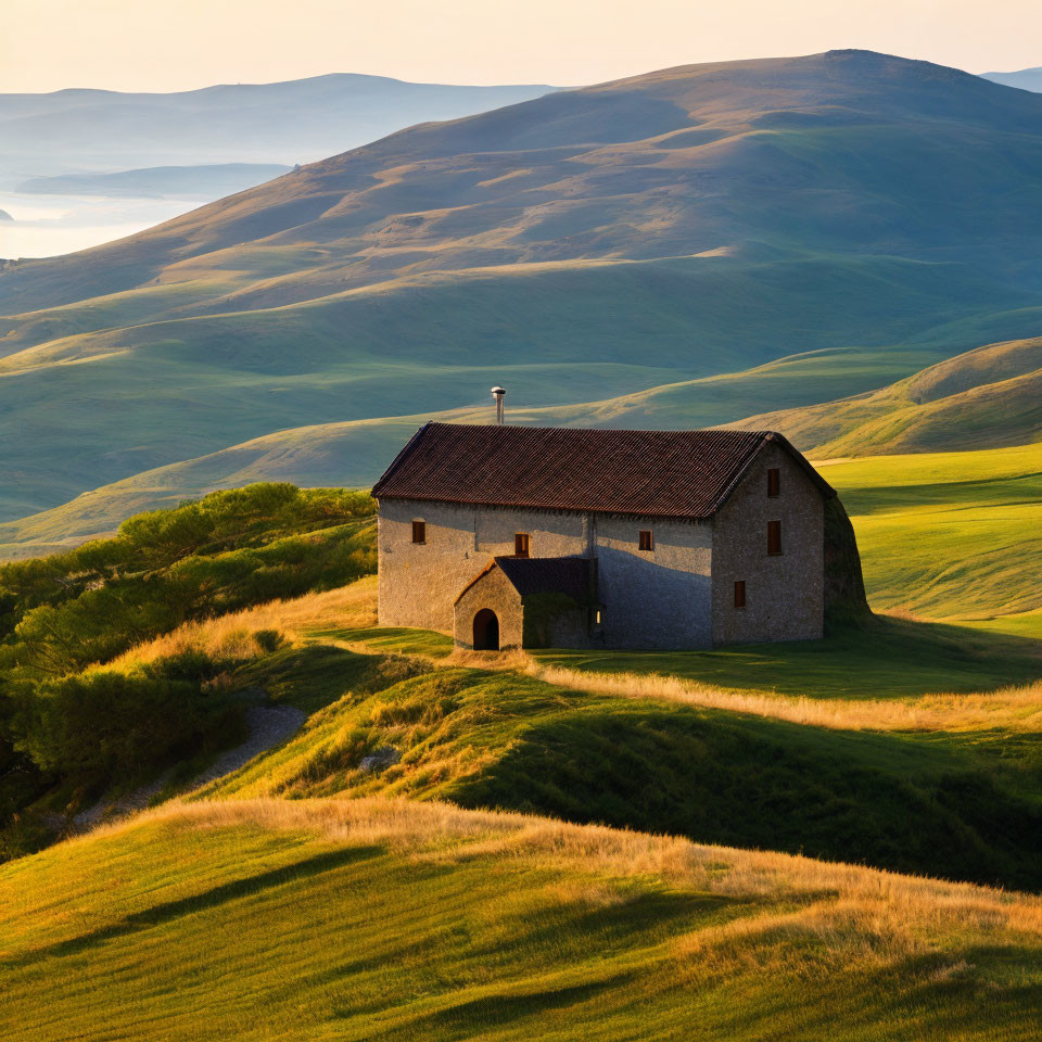 Serene landscape with lone house in rolling green hills