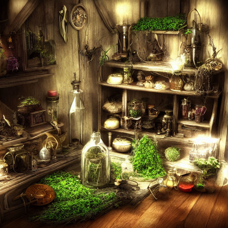 Mystical apothecary shelf with jars, potions, plants in warm sepia light