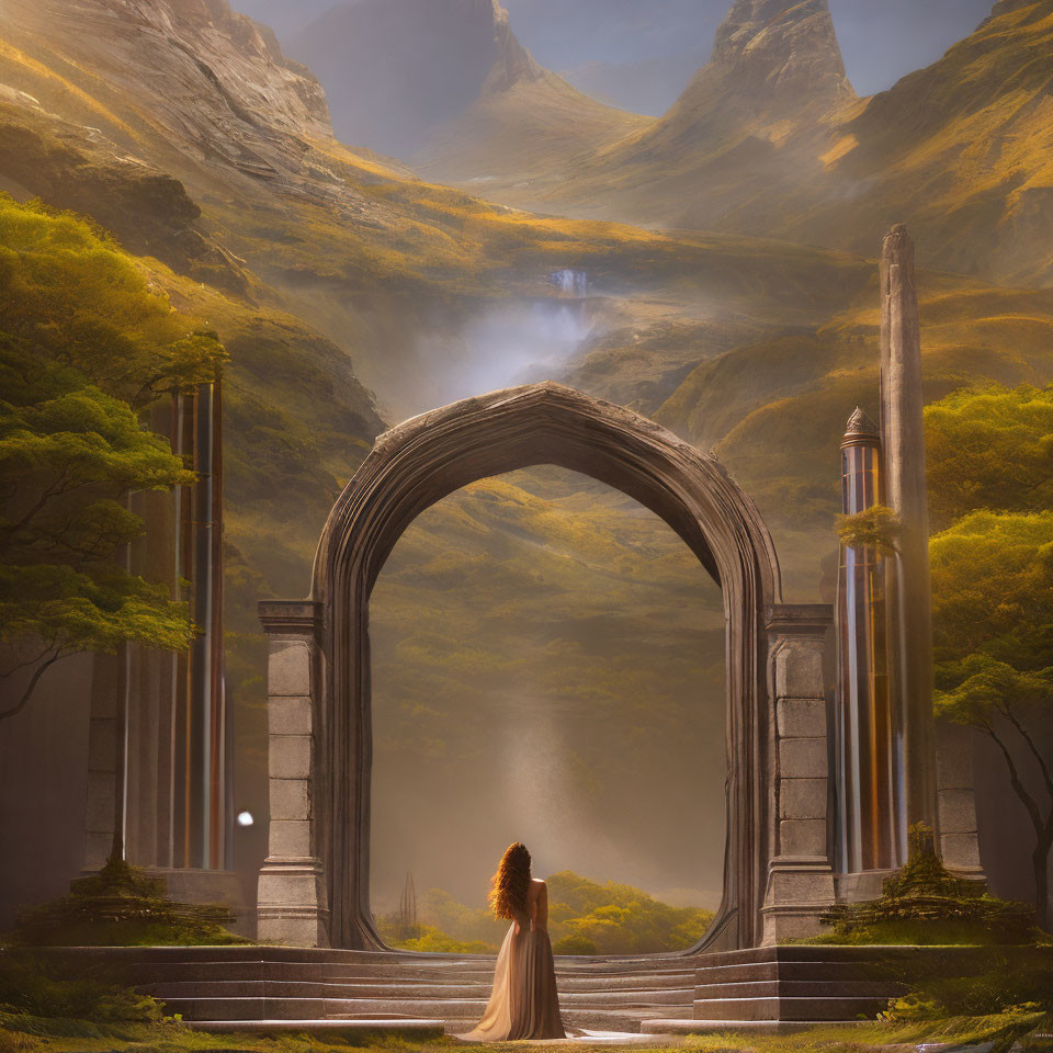 Person admires ancient archway, distant waterfall, mystical mountain landscape.