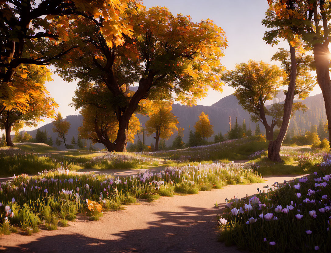 Tranquil Path at Sunset with Blooming Flowers and Autumn Trees