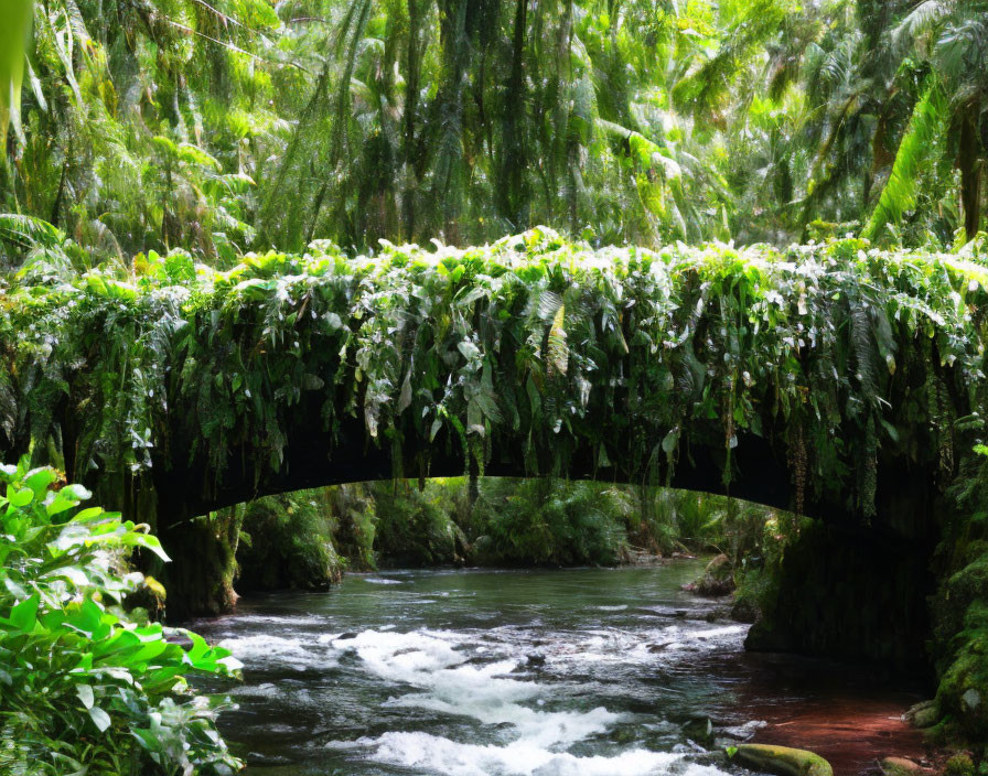 Arched bridge over flowing river in lush forest