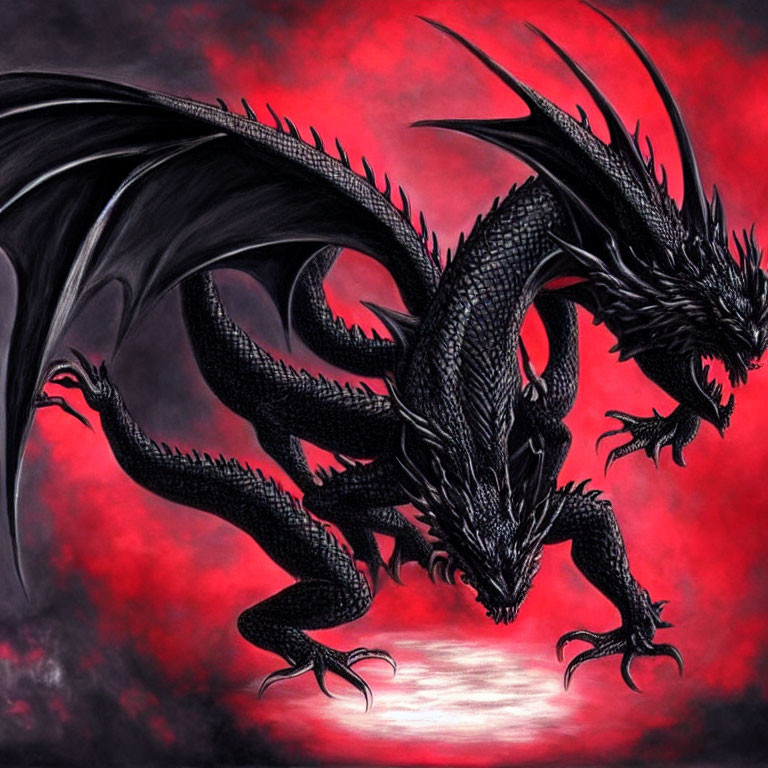 Black dragon with spread wings and sharp claws against crimson backdrop