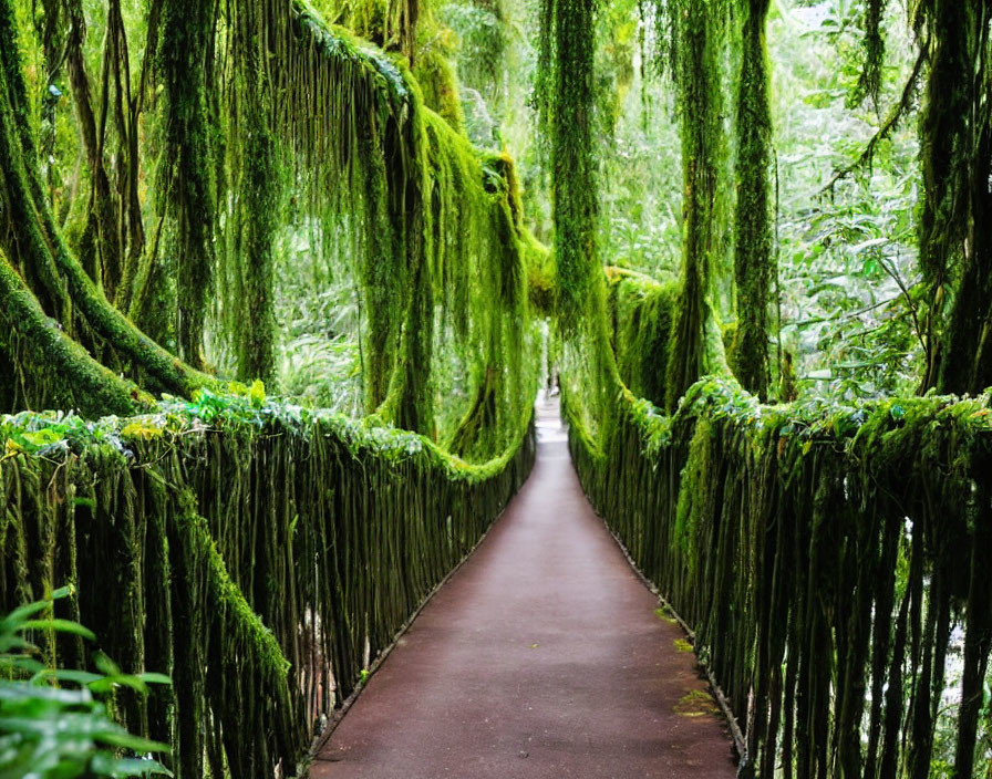 Tranquil Pathway Through Moss-Covered Green Forest