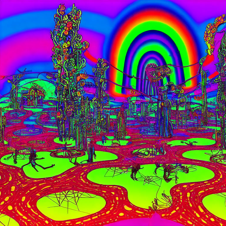 Vivid Rainbow and Abstract Trees in Psychedelic Landscape