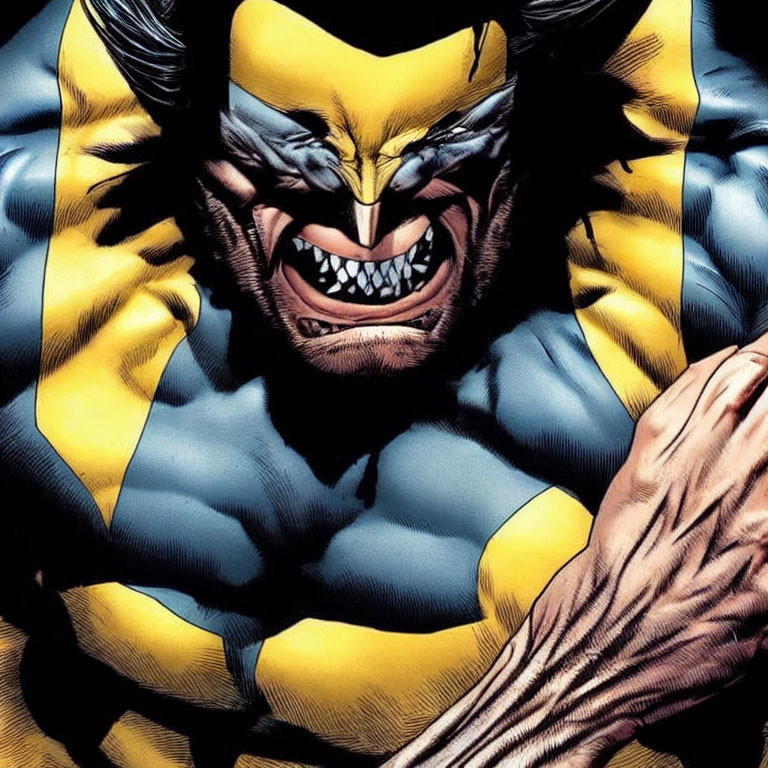 Superhero illustration: snarling, yellow & blue costume, pointed ears.