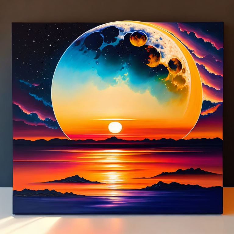 Detailed moon painting with sunset, starry sky, ocean waves, and mountains