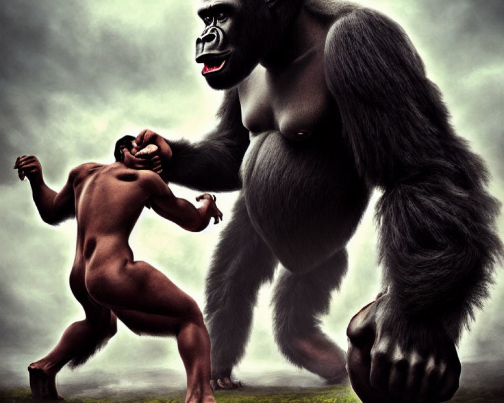 Muscular man facing giant gorilla in misty landscape