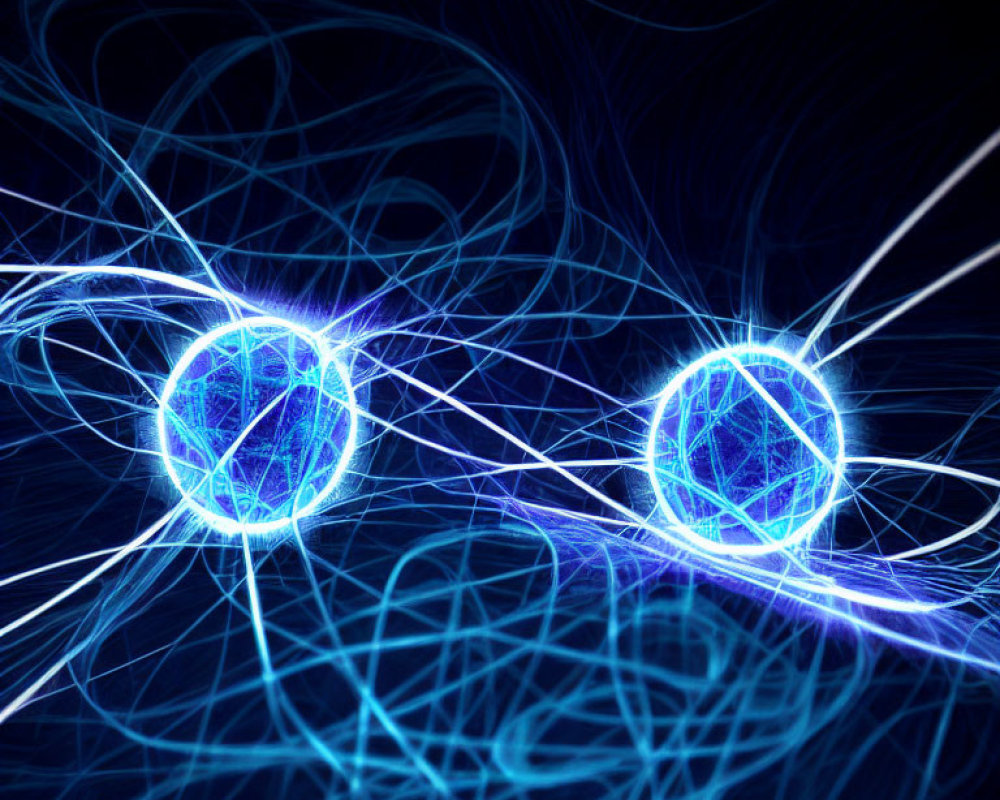 Glowing blue orbs with interweaving light trails on dark background