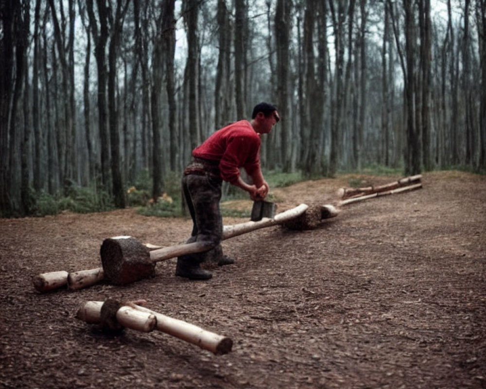 Man in red shirt splitting log with axe in forest clearing