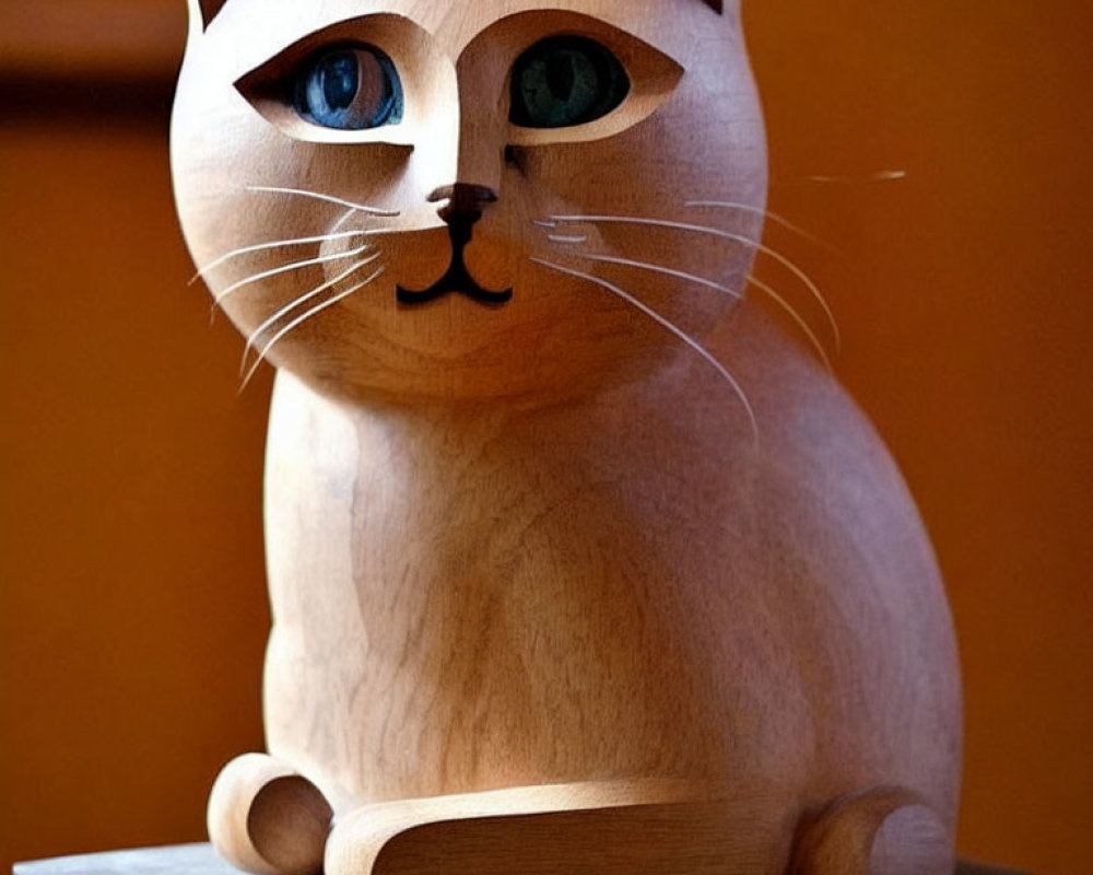 Detailed Wooden Cat Sculpture with Lifelike Eyes and Whiskers on Wooden Surface