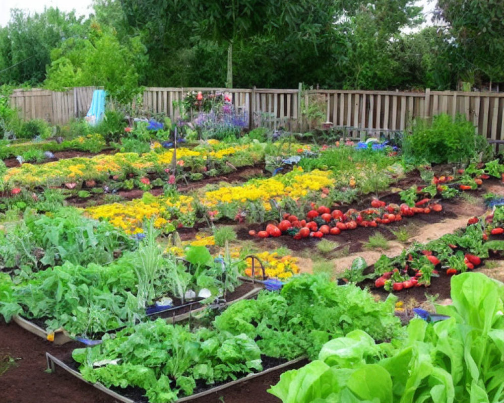 Vibrant flower and vegetable garden with wooden fence