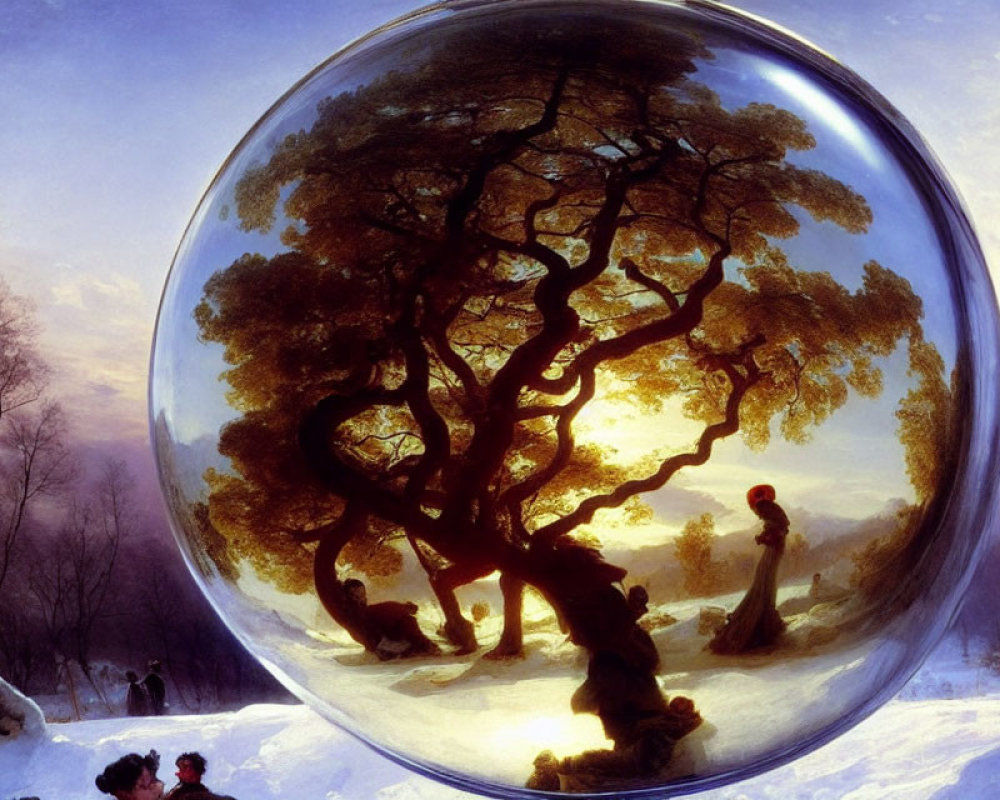 Surreal winter landscape with giant reflective sphere, vibrant tree, and setting sun