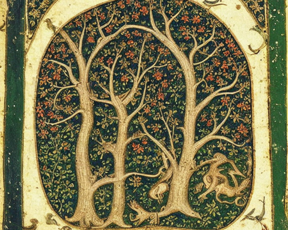 Detailed medieval miniature painting of lush tree with golden patterns on green background