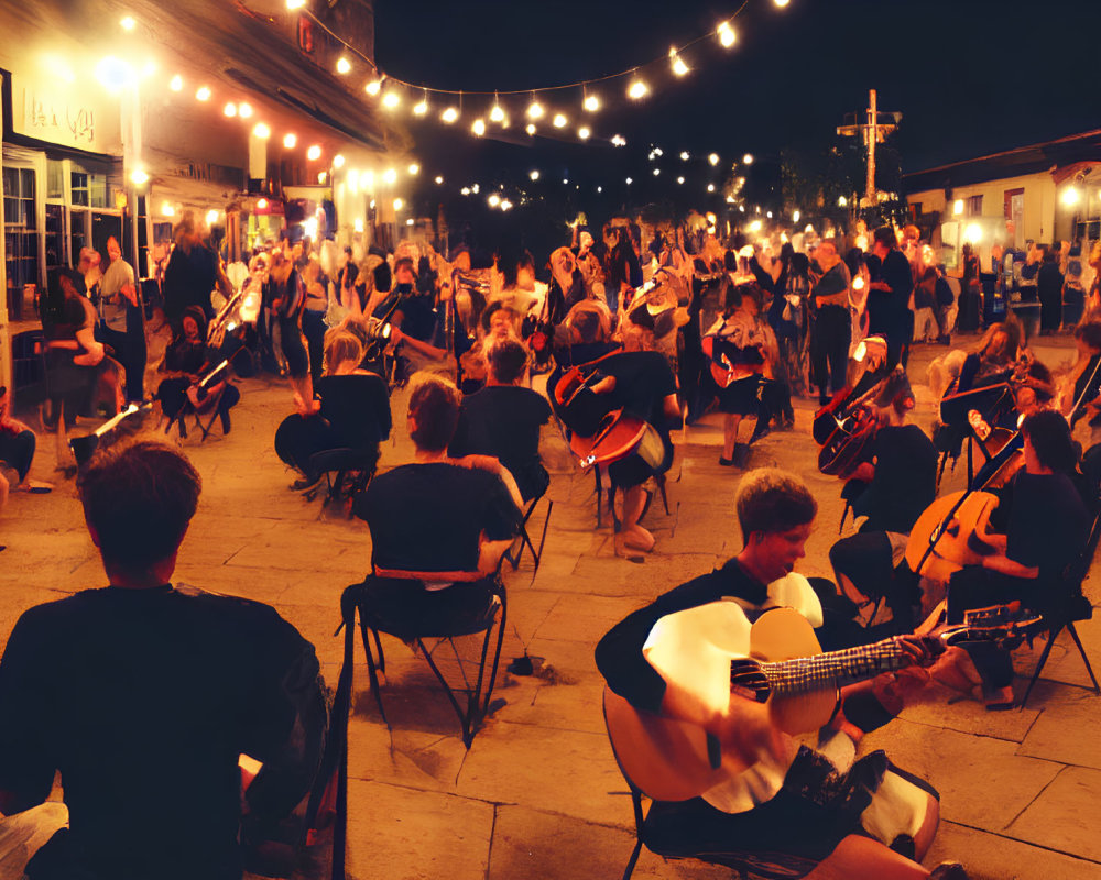 Group of musicians playing string instruments under string lights at night