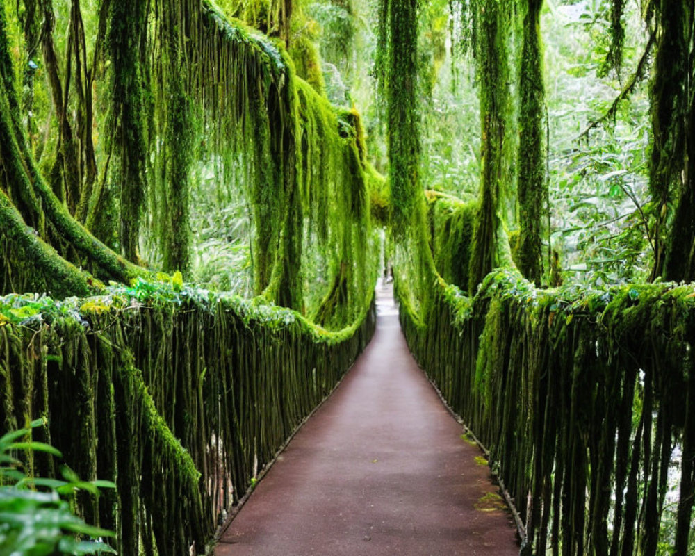 Tranquil Pathway Through Moss-Covered Green Forest