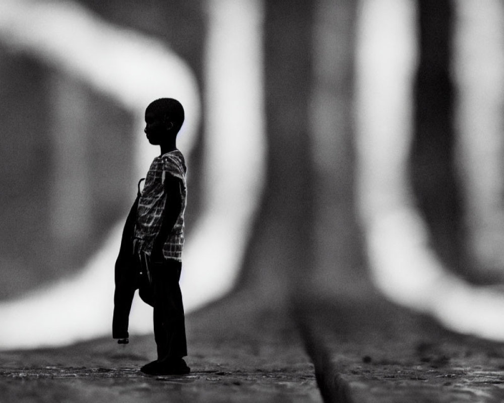 Monochrome miniature figure amidst blurred parallel lines symbolizing solitude