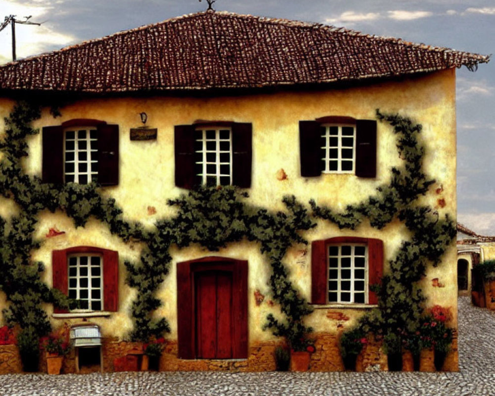 Rustic red door on charming two-story house amidst lush green ivy