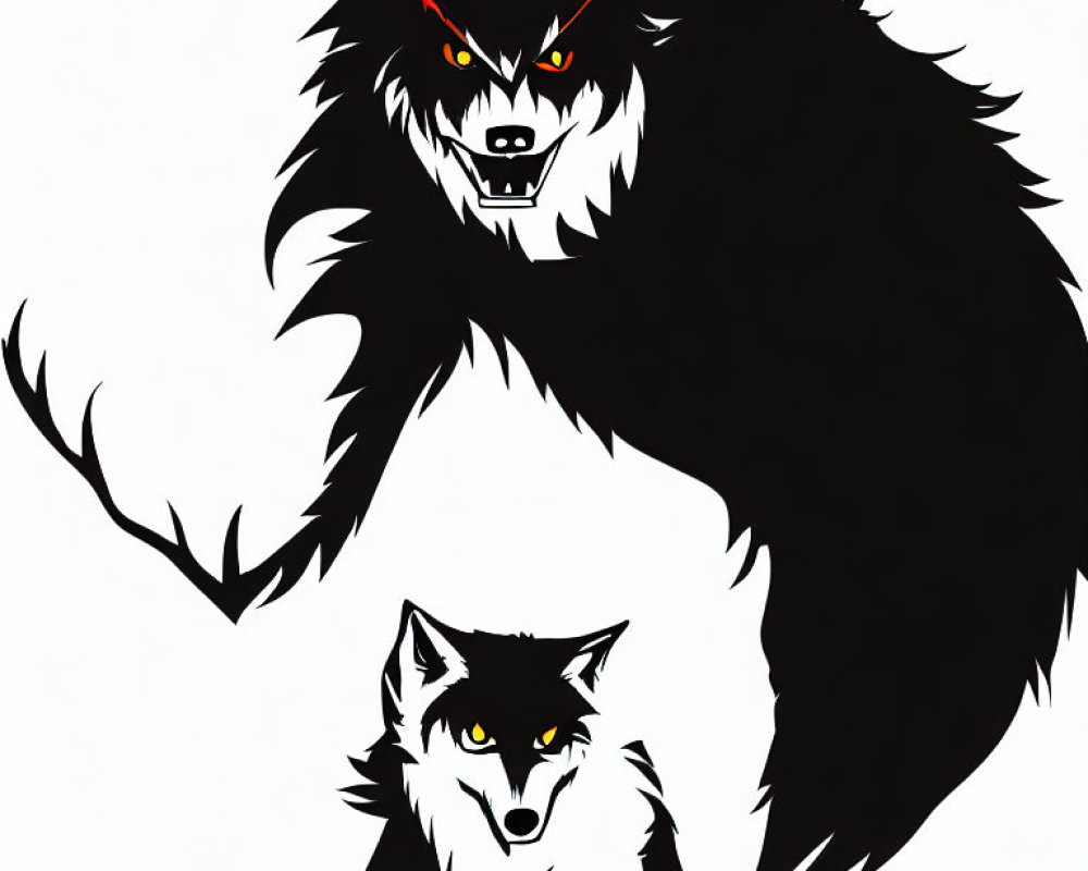 Monochrome illustration of menacing werewolf and calm fox