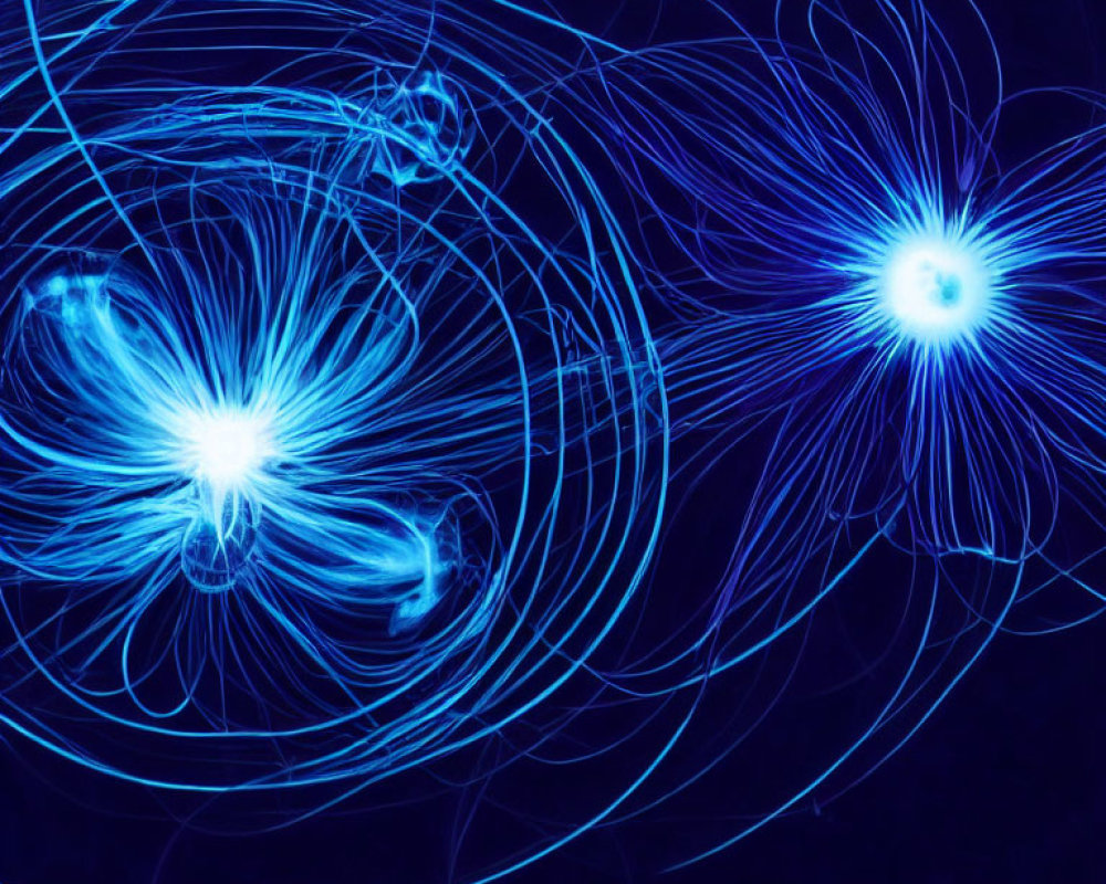 Luminous blue magnetic fields with swirling lines on dark background