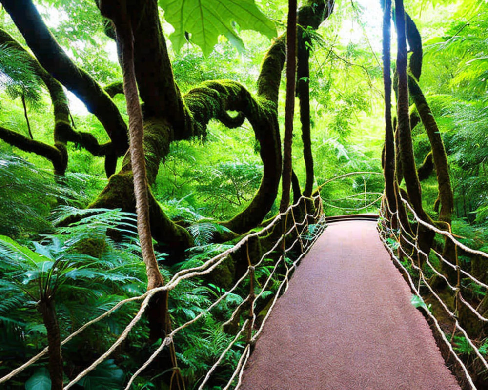 Serene forest scene with moss-covered trees and ferns