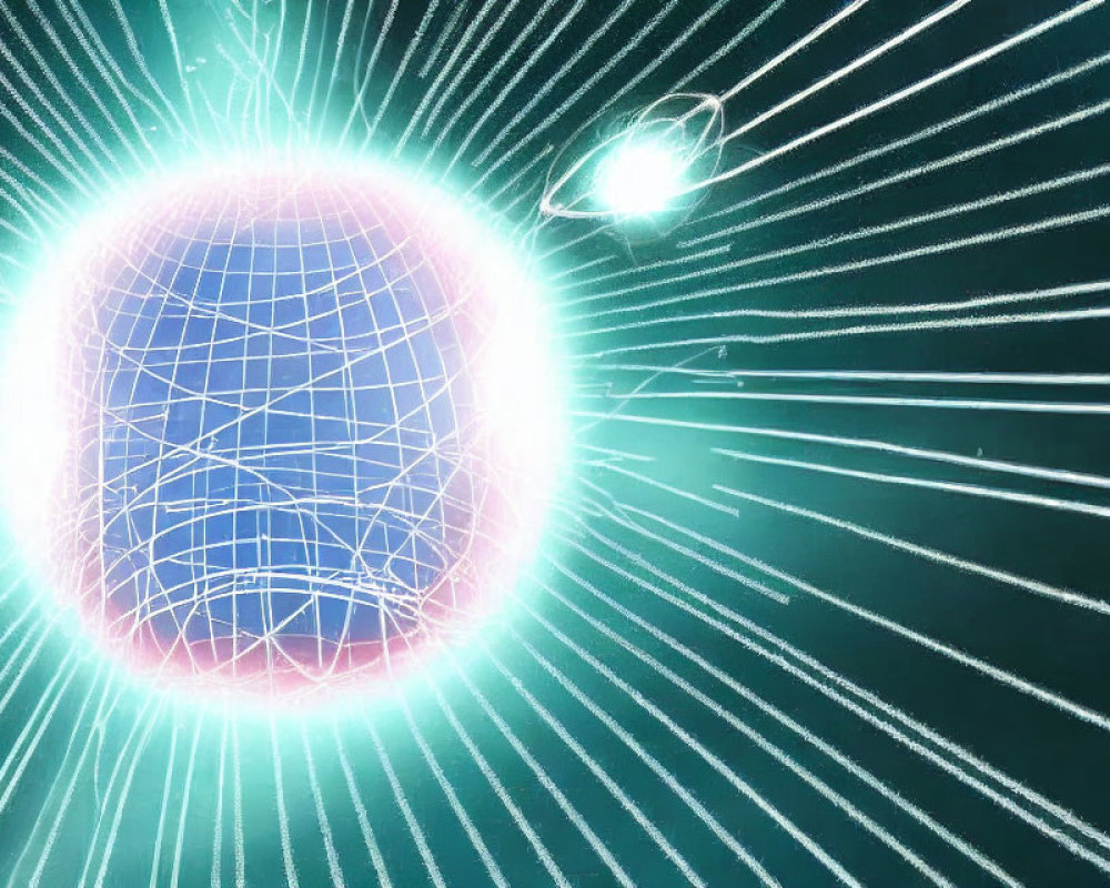 Glowing energy sphere with grid pattern and light streaks on teal background