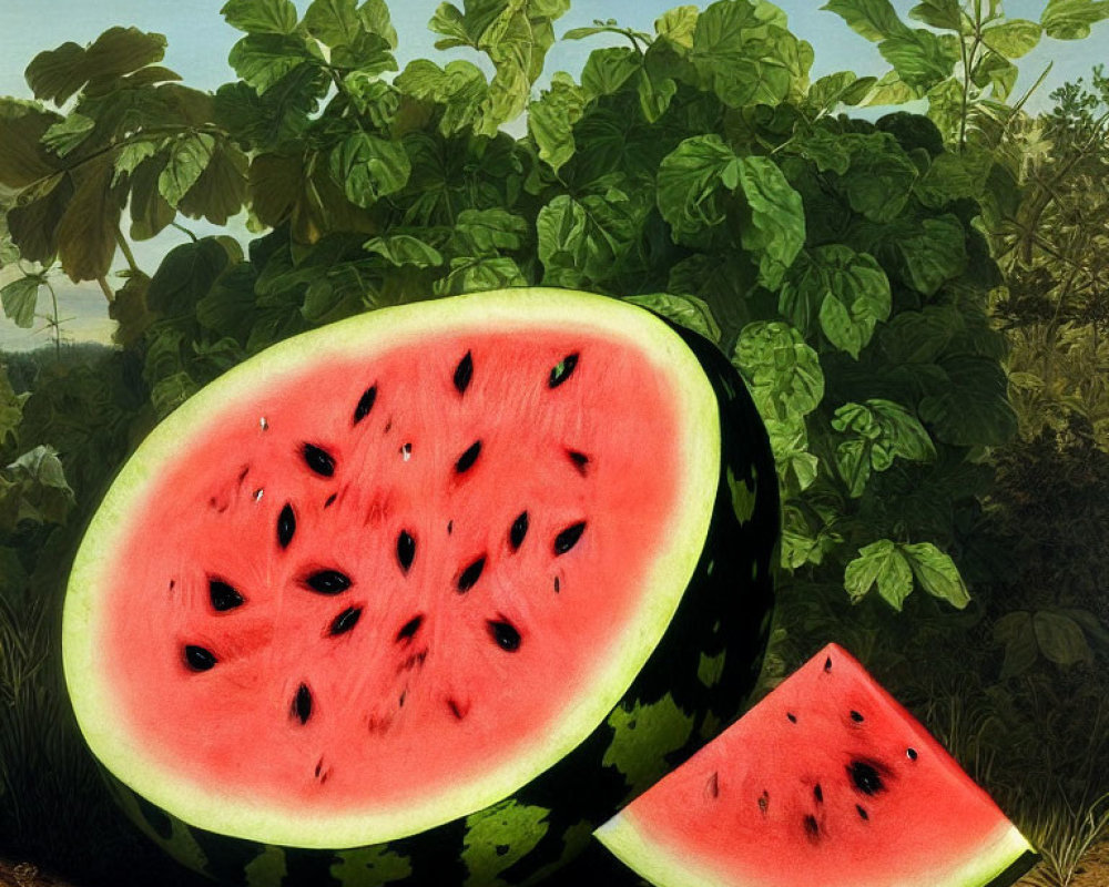 Detailed depiction of halved watermelon with red flesh and black seeds, beside a slice, amidst green