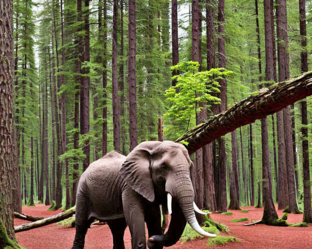 Elephant standing in forest with pine trees and fallen trunk