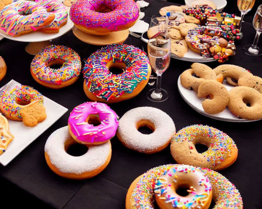 Assorted colorful donuts, cookies, candy, and champagne on a festive table