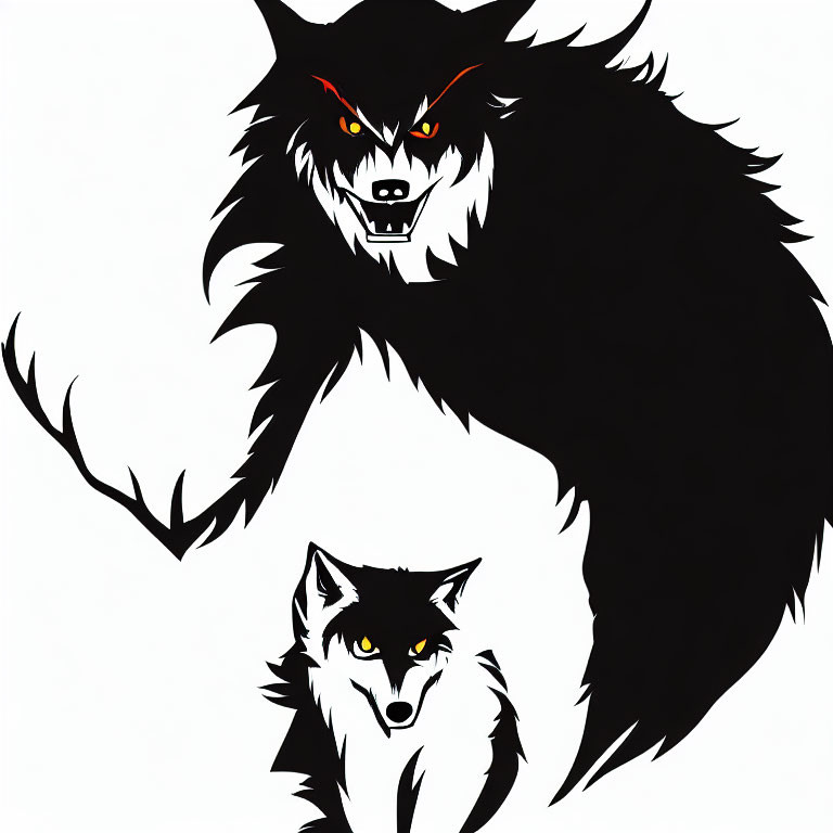 Monochrome illustration of menacing werewolf and calm fox