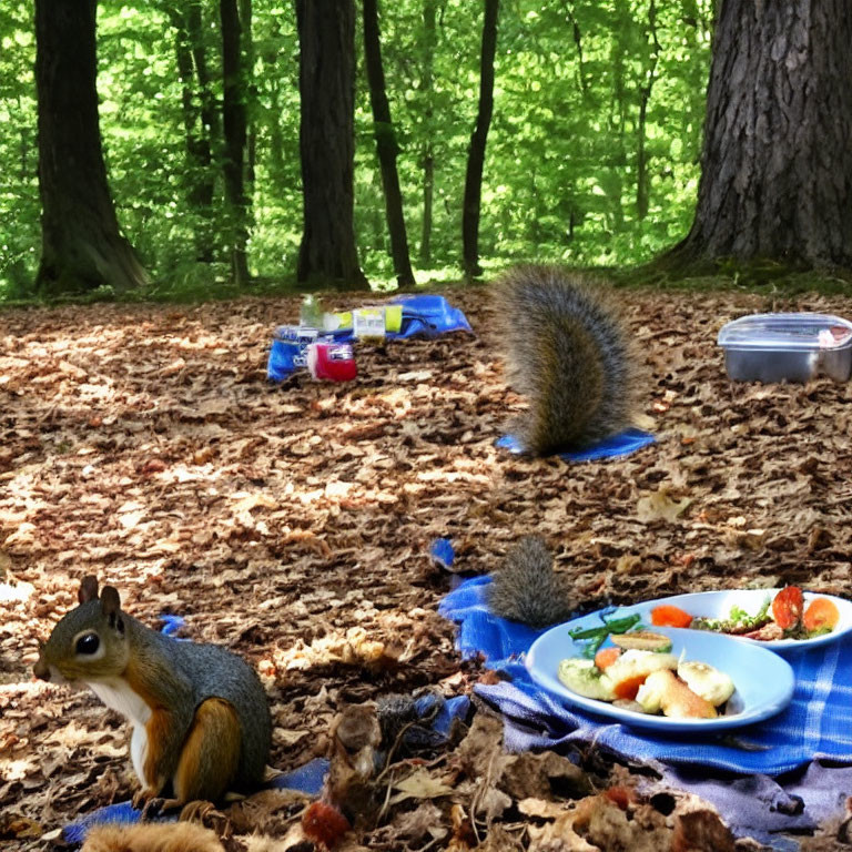 Curious squirrel on picnic blanket in forest with scattered food