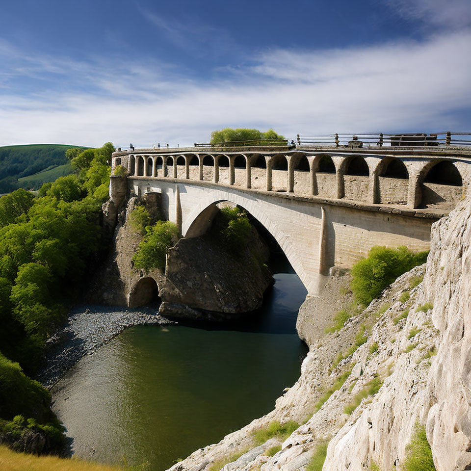 Stone arched bridge over river with green hills and blue sky