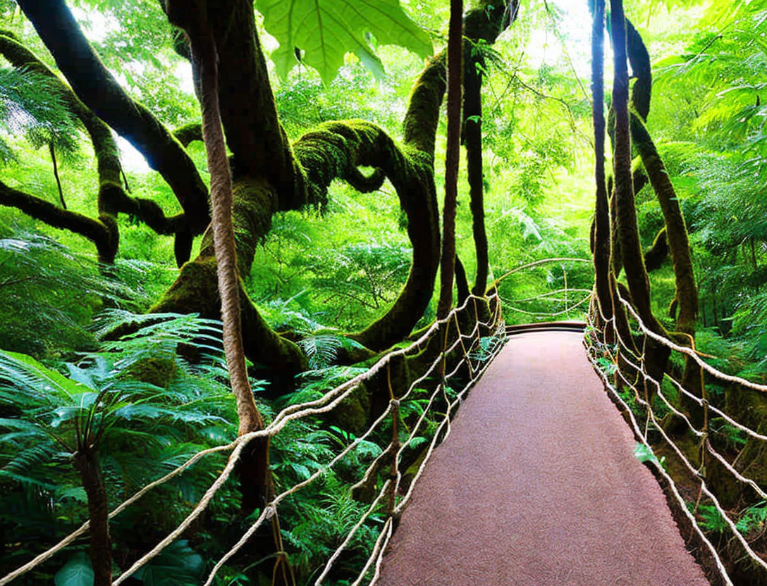 Serene forest scene with moss-covered trees and ferns